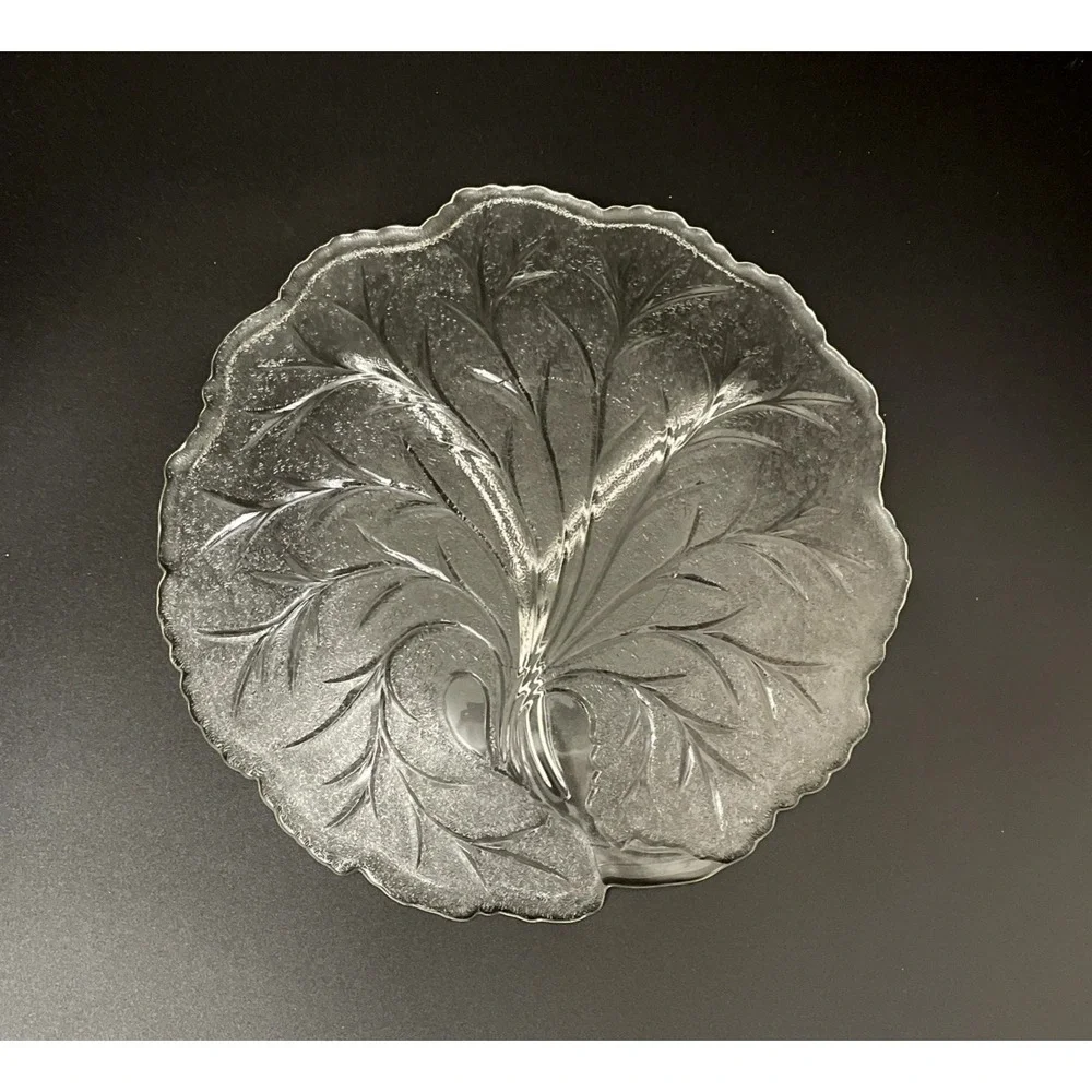 Vtg Clear Glass Leaf Frosted Divided Relish Dish Plate 10